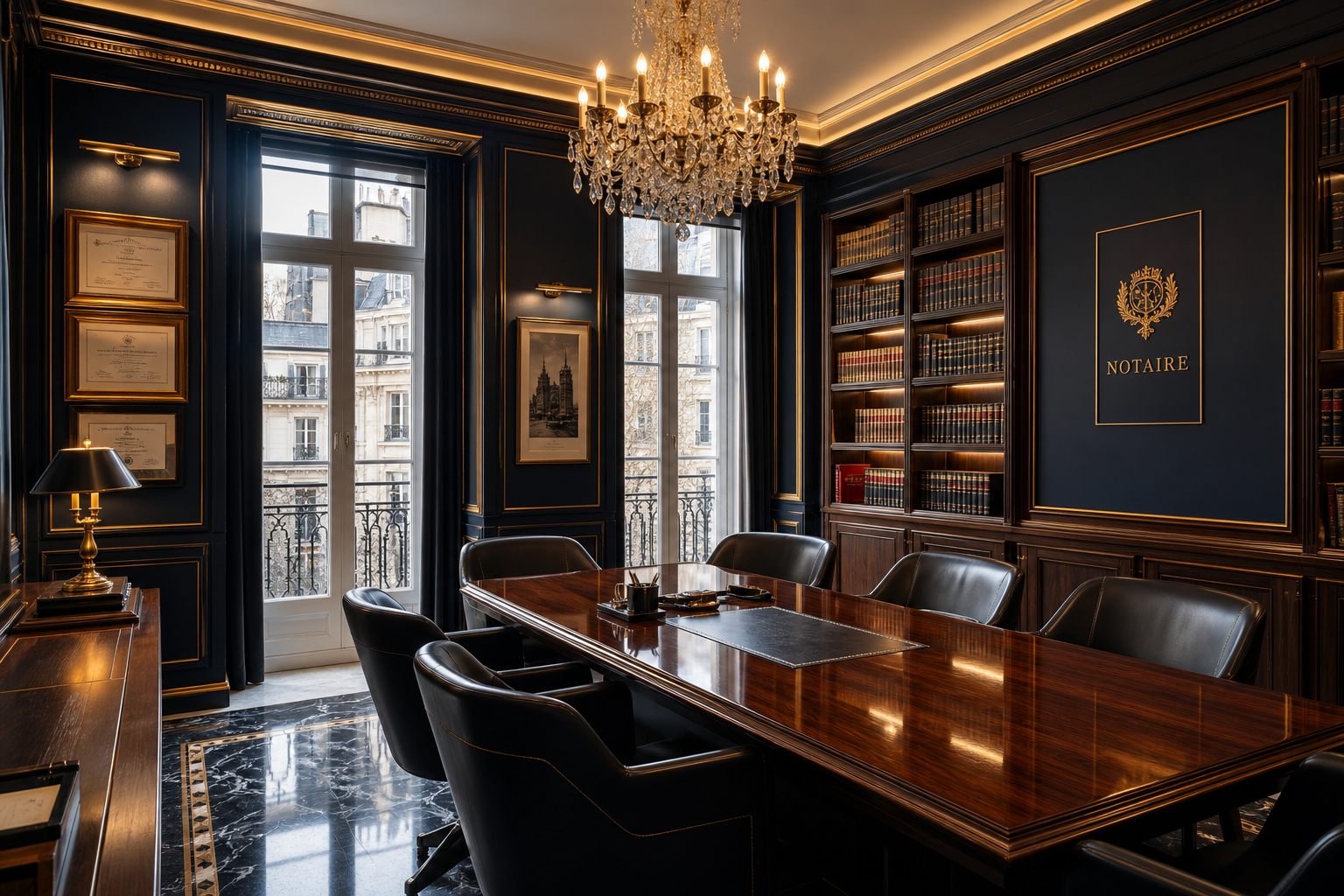 Elegancka sala kancelarii notarialnej do podpisywania umów — reprezentacyjne wnętrze z mahoniowym stołem i biblioteczką